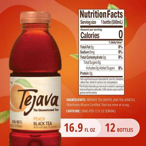 16.9 (12 Pack) Tejava Unsweetened Peach Iced Tea, Ounce PET Bottles, Natural, Non-GMO-Verified, Rainforest