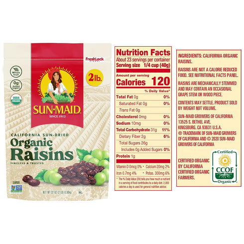 (2 Pack) 32 oz Sun-Maid Organic California Sun-Dried Raisins - Resealable Bag - Organic Dried Fruit Snack for Lunches