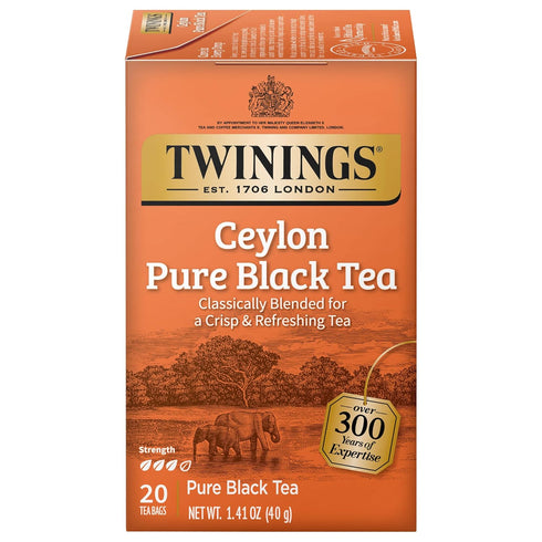 Twinings Ceylon Pure Black Tea - Refreshing Caffeinated Tea Bags, 20 Count, Individually Wrapped