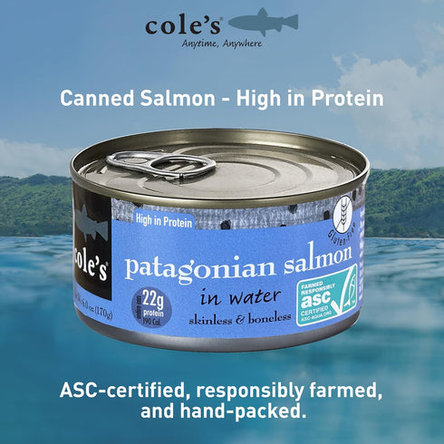 6.0 oz 3 COLES Patagonian Salmon in Water Boneless | Skinless | Canned Salmon-Seafood Rich in Protein - Each Container