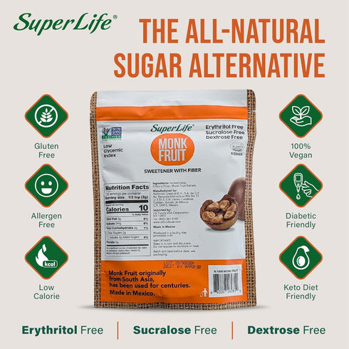 STEVIA SUPER LIFE 7oz 200g Super Life Monk Fruit Sweetener with Fiber Low-Glycemic Index, Diabetic-Safe