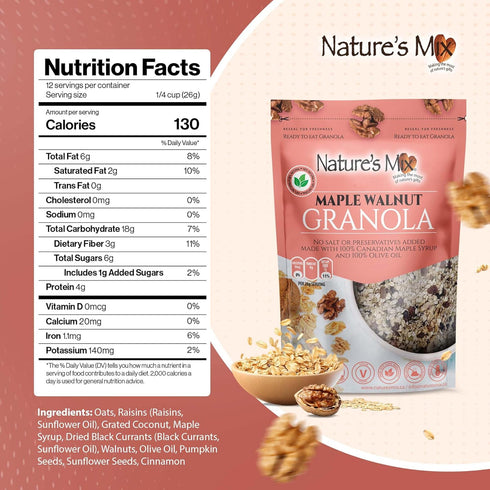 Nature's Mix - Maple Walnut Granola - Walnuts, Raisins and Currants - Sweetened with Maple Syrup - No Sugar, Salt