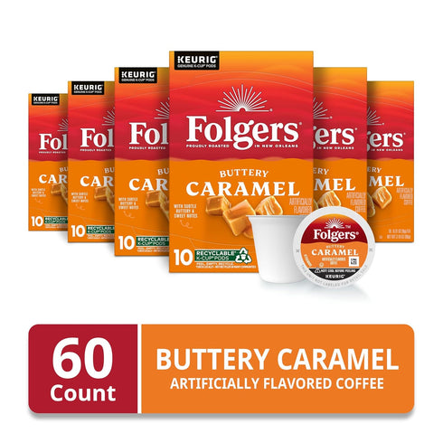 10 Count (Pack 6) Folgers Buttery Caramel Artificially Flavored Coffee, Keurig K-Cup Pods, Box