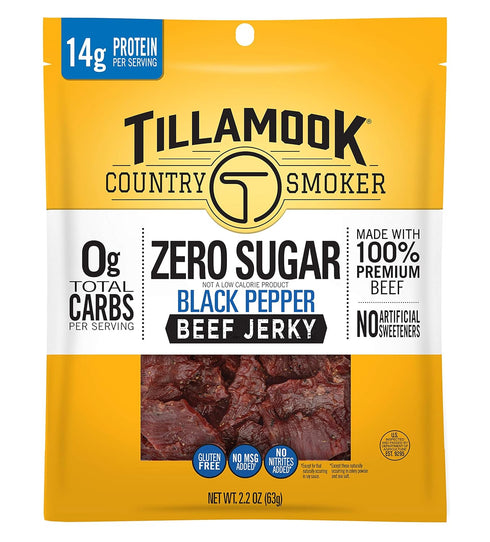 Tillamook Country Smoker Zero Sugar Keto Friendly Beef Jerky, Black Pepper, 2.2