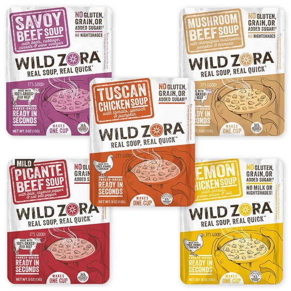 Wild Zora Instant Keto-Friendly Soups 5-Pack Variety, Broth with Grass-Fed Beef, Free-Range Chicken, Gluten-Free