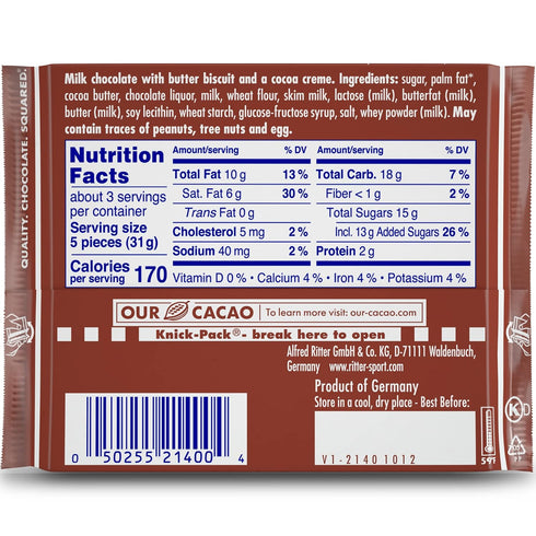 3.5 11 Pack 100% Ritter Sport Milk Chocolate with Butter Biscuit, Ounce Bar, certified Sustainble Cocoa