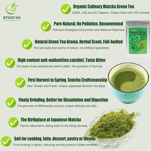 EFOOFAN Organic Matcha Green Tea Powder, Culinary Grade, 3.53oz, Vegan, Sugar Free, USDA/JAS/EC Certified, Japanese