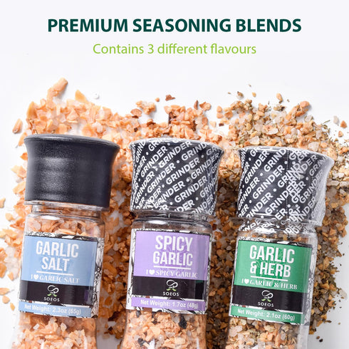 Soeos Spice Seasoning Set of 3 with Integrated Grinders: Spicy Garlic, Garlic & Herbs, Garlic Salt, Seasoning Gift Set