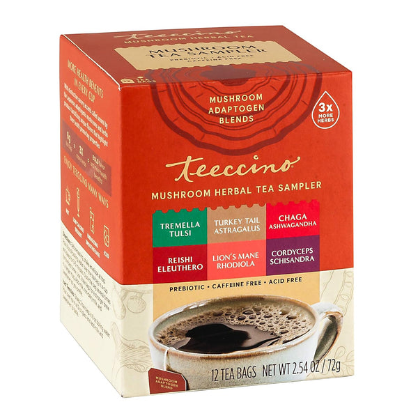 Teeccino Mushroom Herbal Tea - Mushroom Adaptogen Tea Sampler with 12 Tea Bags, Support Your Health with Mushrooms