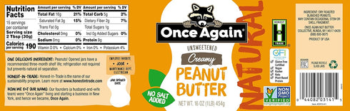 16oz (2 Pack) Once Again Natural, Creamy Peanut Butter, - Salt Free, Unsweetened - Gluten Free Certified, Vegan