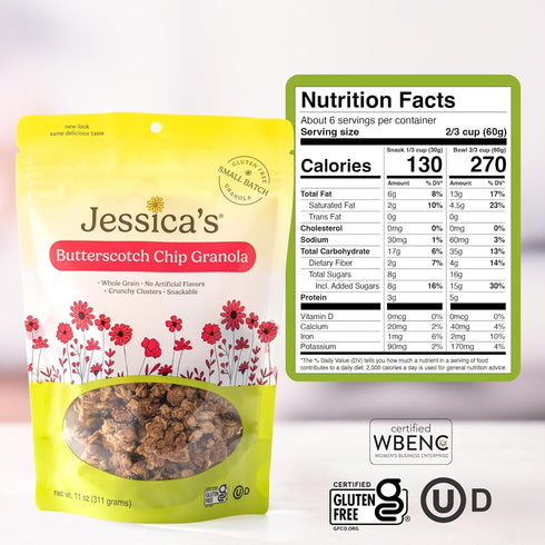 11oz (3 Pack) Jessicas Butterscotch Chip Granola - Handmade, Gluten-Free, Whole Grain