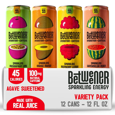 Betweener Sparkling Energy Seltzer, Sparkling Water w/Real Juice & 100mg Caffeine, Light
