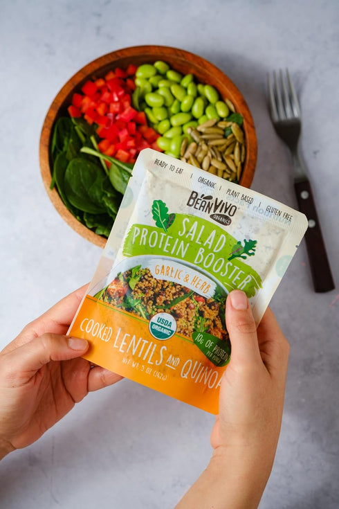 3-Pack 10g protein-packed 5oz BeanVIVO Salad Protein Booster - Organic cooked Lentils & Quinoa with Garlic & Herbs