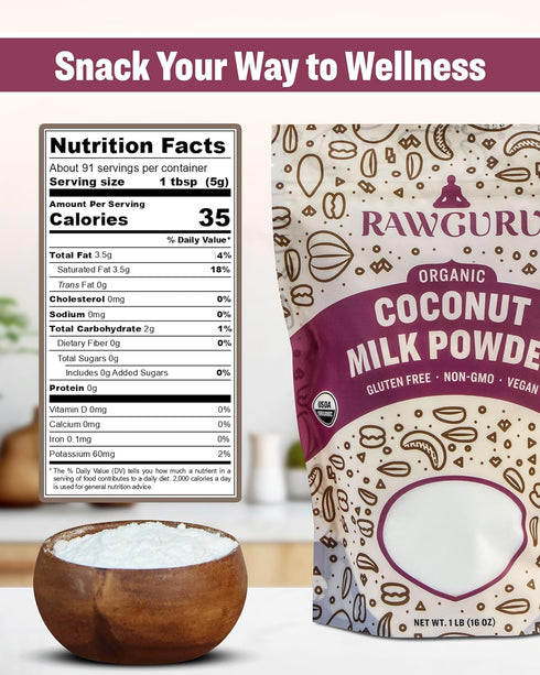 48 oz, Pack 1 RawGuru Organic Coconut Milk Powder - Vegan & Nutrient-Dense Powder with Iron & Potassium - Rich & Creamy