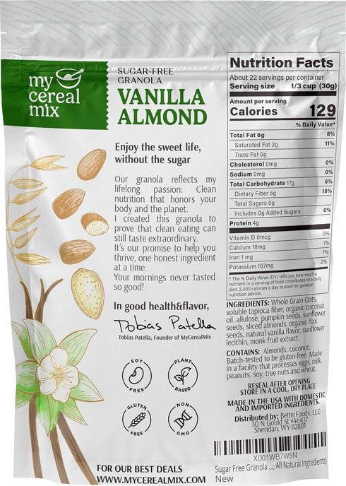 24oz MyCerealMix Sugar Free Granola Vanilla Almond Keto Friendly, High Fiber Diabetic Cereal, Gluten Free, Plant-Based