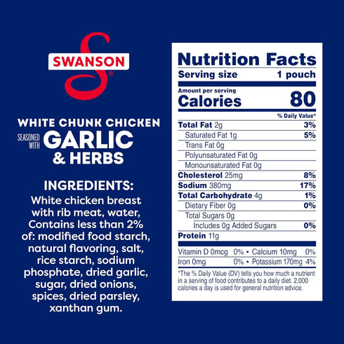 2.6 OZ 12) SWANSON S Garlic and Herbs White Chunk Fully Cooked Chicken, Ready to Eat, Simple On-the-Go Meals, Pouch
