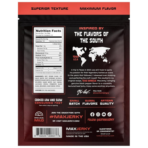 27.5 2.5 OZ (4 Pack) MaxJerky Texas Barbecue Beef Jerky, Smoked Pepper Flavored Jerky, Grams of Protein