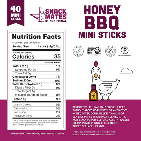 5g 35 40 Pack New Primal Snack Mates Honey BBQ Chicken Sticks, Healthy Snack for Kids, Low Sugar High Protein Back