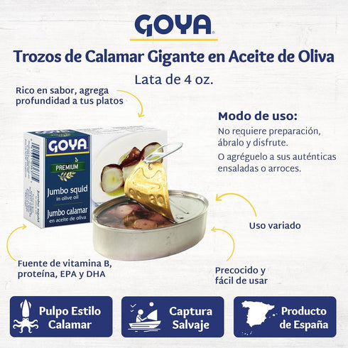 4 oz (Pack 6), Goya Premium Jumbo Squid Octopus Style in Olive Oil, Cans of Mediterranean-Style Seafood, Ready-to-Eat