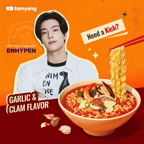 3.88 oz (Pack 4) Samyang MEP Garlic Clam Ramen, Spicy Korean Instant Noodle Soup, ENHYPEN Pick, Refreshing Seafood Bone