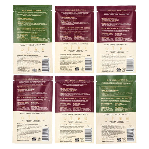Teeccino Herbal Coffee Sampler, 6 x 30g Trial Size Chicory Coffee Alternatives - Caffeine Free & Acid Free