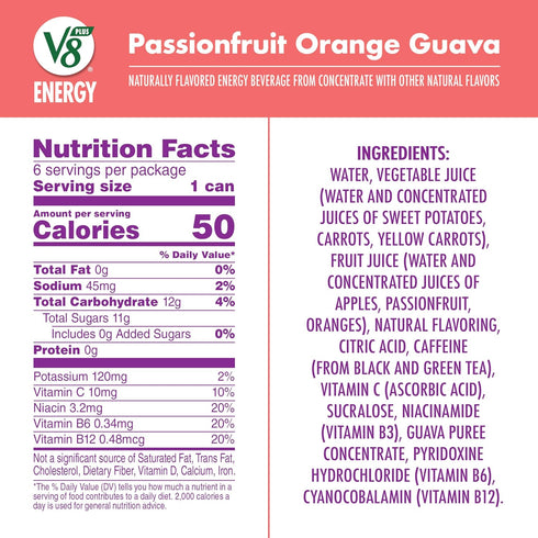 V8 8 oz (6 Pack) +Energy Passionfruit Orange Guava Juice Energy Drink, fl Can