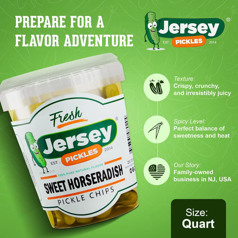 Jersey Pickles - Sweet Horseradish Chips (Quart) - Fresh, Keto-Friendly, and Perfect for Snacks, Sandwiches, or Salads