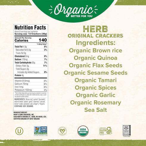 Mary's Gone Crackers Herb Crackers, Organic Brown Rice, Flax & Sesame Seeds, Gluten Free, 6.5 Ounce