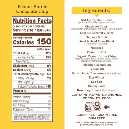 6 (Pack 1) Simple Mills Almond Flour Snack Bars, Peanut Butter Chocolate Chip - Gluten Free, Made with Organic Coconut