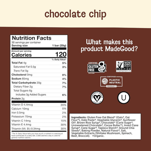 1.06 Oz (30 Count) MadeGood Mornings Soft Baked Breakfast Bars, Chocolate Chip, Gluten Free Snacks