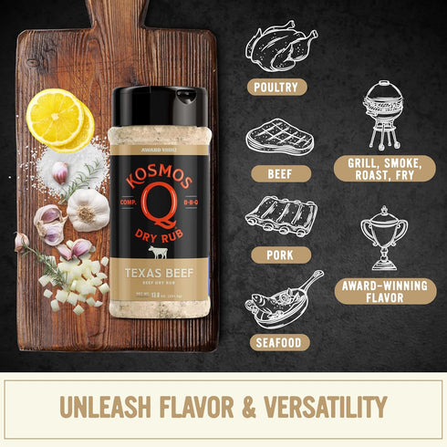 13.8 Oz Kosmos Q Texas Beef Dry Rub, Steak Seasoning with Garlic, Onion, Lemon & Savory Spices for Steak, Beef Ribs