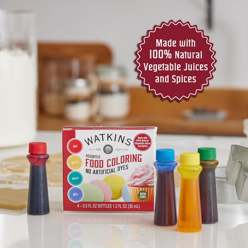 1 0.3 oz 4 Count (Pack 1) Watkins Assorted Food Coloring, Each Red, Yellow, Green, Blue, Total Four bottles
