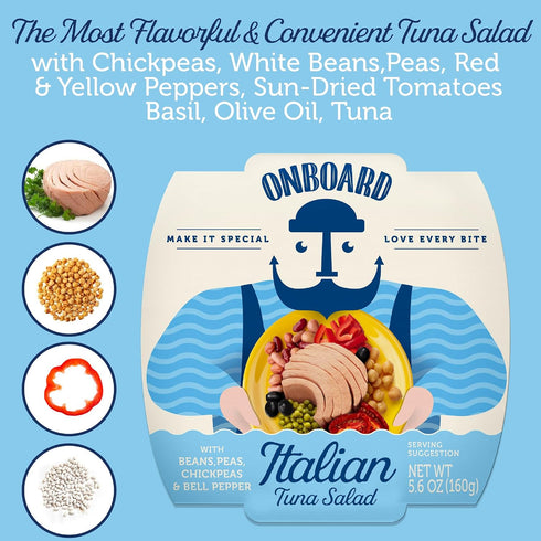 (5.64 oz, Pack 6) Onboard Ready to Eat Italian Tuna Salad - Tuna Snacks with Beans, Chickpeas, Peas & Peppers