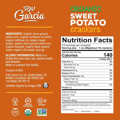 RW Garcia 5.5oz 6 Pack Organic Sweet Potato Crackers, Gluten Free, Boxes
