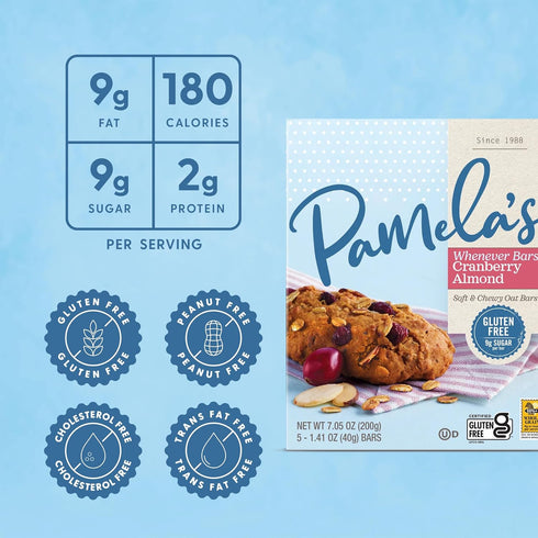 5 Count 7.05-Ounce (Pack 6) Pamela's Products Gluten Free Whenever Bars, Cranberry Almond, Box