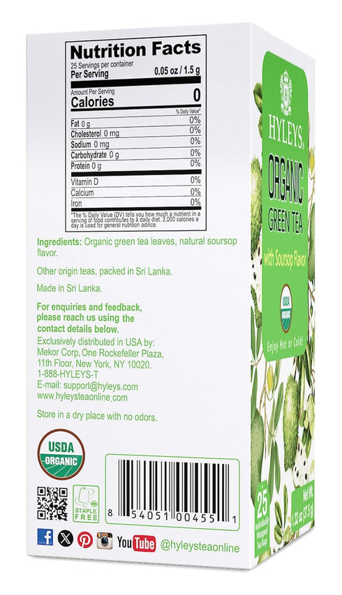 Hyleys Organic Green Tea Soursop Flavor, 25 Tea Bags, Graviola Guanabana Tea