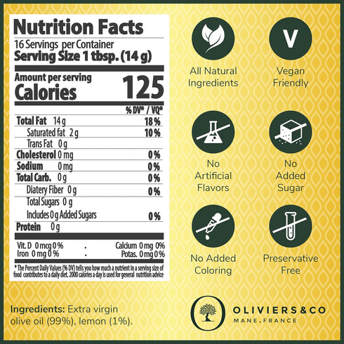 Cold Pressed Lemon Olive Oil by Oliviers & Co, Extra Virgin with Fresh Whole Lemons, 8.4 Fl Oz