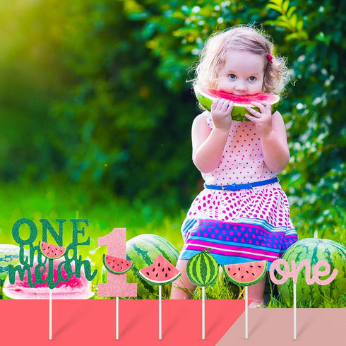 Set of 27 Glitter Watermelon Cake Cupcake Toppers, One in a Melon Birthday Party Decor, Kids Party Supplies for Baby