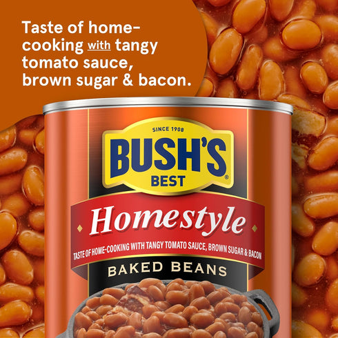16 oz (Pack 12) BUSH'S BEST Canned Homestyle Baked Beans, Source of Plant Based Protein and Fiber, Low Fat, Gluten
