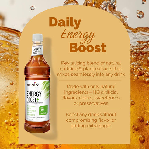 (1 Monin - Energy Boost, Liquid Energy Supplement, Subtle Tea Flavor, Zero Added Sugar, Great for Coffee, Soda, & More
