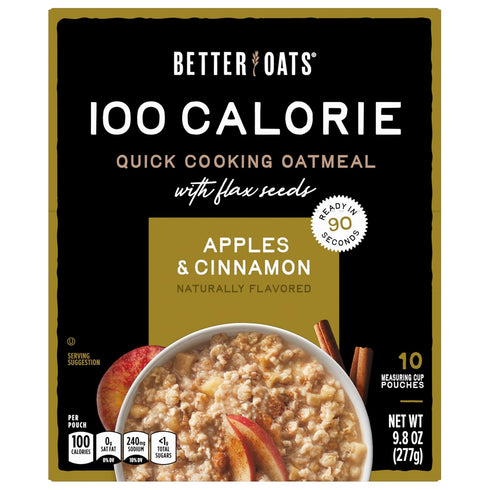 100 Packets, 10 (Pack 6) Better Oats Calorie Apples and Cinnamon Oatmeal Instant Breakfast with Flax Seeds and Natural