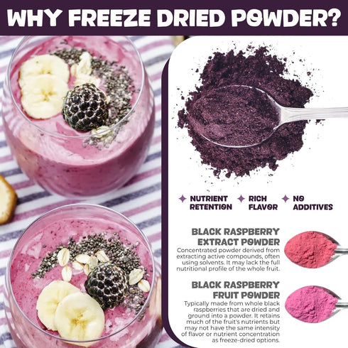 6.35oz (180g) Freeze Dried Black Raspberry Powder - No Added Sugar, Resealable Pouch, Rich Berry Flavor for Smoothies