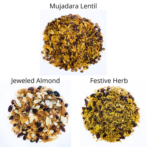 6 5 oz (142g), 2 Pack Jamie Geller Trio of Pilaf Mixes - Mujadara Lentil, Festive Herb and Jeweled Almond | Total