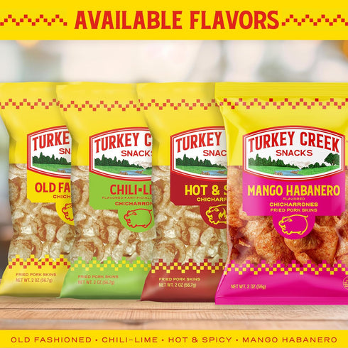 2oz (Pack 12) Turkey Creek Mango Habanero Chicharrones, Fried Pork Rinds - Mango Habanero Sweet & Spicy Flavored Pork