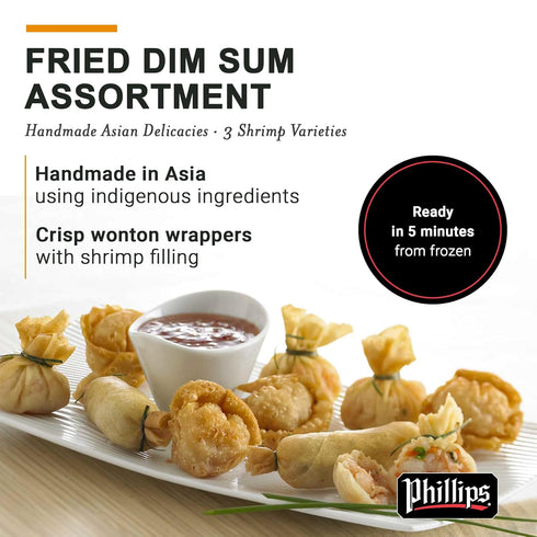 Phillips 24 Fried Dim Sum Pcs Assorted Handmade Asian Shrimp Spring Rolls, Wontons & Money Bags, Crispy Appetizers