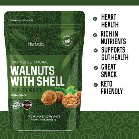 1lb, Packed 16oz. Herbaila Walnuts in Shell Walnuts Whole. Raw Walnuts Unsalted, Easy to Crack, Perfect for Snacking