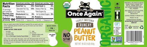 16oz Once Again Organic Crunchy Peanut Butter, - American Classic, No Stir - Lightly Sweetened & Salted - USDA Organic