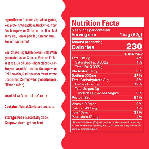 32g 6-Pack Hethstia High-Protein Ramen, Spicy Beef Flavor With Plant-Based Protein, Instant Healthy Ramen Noodle Soup