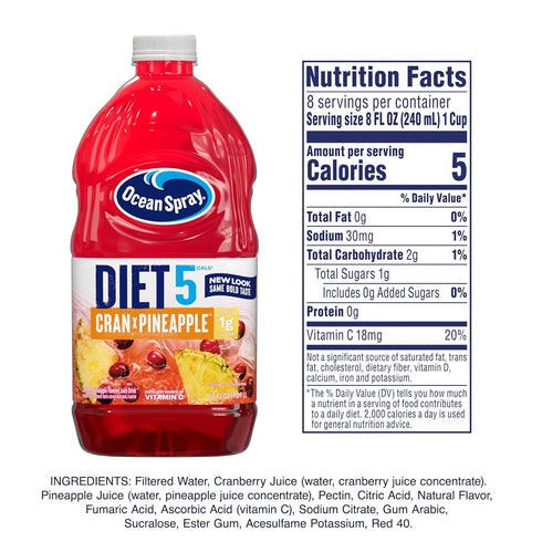 64 Oz (Pack 5) Ocean Spray Diet Cran-Pineapple Cranberry Pineapple Juice Drink, Fl Bottle