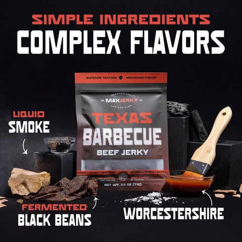 27.5 2.5 OZ (4 Pack) MaxJerky Texas Barbecue Beef Jerky, Smoked Pepper Flavored Jerky, Grams of Protein